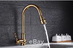 Kitchen Sink Faucet Gold Polished Pull Out and Down Mixer Brass Tap, Deck Mounted