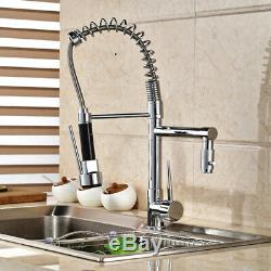 Kitchen Vessel Sink Basin Hot Cold Deck Mount Spring Mixer Faucet Dual Spout Tap