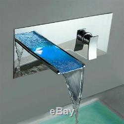 LED Bathroom Sink Basin Waterfall Wide Spout Mixer Faucet Wall Mount Chrome Tap