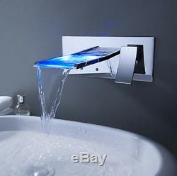 LED Bathroom Sink Basin Waterfall Wide Spout Mixer Faucet Wall Mount Chrome Tap