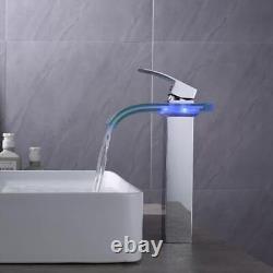 LED Bathroom Vessel Faucet, Tall Waterfall Single Chrome Finish Tall Body