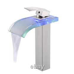 LED Bathroom Vessel Faucet, Waterfall Single Handle One Hole Lavatory Sink Bo