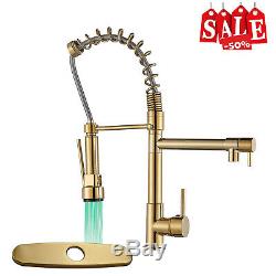 LED Spray Head Kitchen Sink Faucet Pull Down Spring Mixer Tap Gold With 10'' Cover