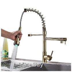 LED Spray Head Kitchen Sink Faucet Pull Down Spring Mixer Tap Gold With 10'' Cover