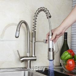 LED Swivel Pull Down Kitchen Basin Sink Faucet Brushed Nickel Mixer Tap 2 Spout