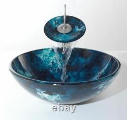 LUXURY Glass sink Blue silver black marble painted basin MATCHING WATERFALL Tap