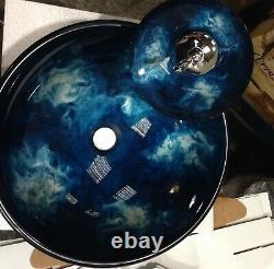 LUXURY Glass sink Blue silver black marble painted basin MATCHING WATERFALL Tap