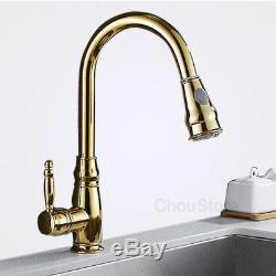 Luxury Gold Counter Vessel Mixer Tap Pull Out Spray Kitchen Sink Swivel Faucet