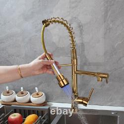 Luxury Gold LED Kitchen Sink Mixer Faucet Pull Down Spray Swivel Tap Single Hole