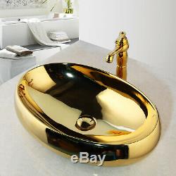 Luxury Gold Oval Ceramic Bathroom Basin Vessel Sink Mixer Faucet Pop Drain Set