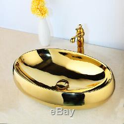 Luxury Gold Oval Ceramic Bathroom Basin Vessel Sink Mixer Faucet Pop Drain Set