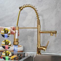Luxury LED Gold Pull Down Kitchen Sink Mixer Faucet Swivel Spout Single Hole Tap