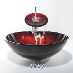 Luxury Red Black Glass Basin Sink Bowl + Matching Glass Waterfall Tap Mixer