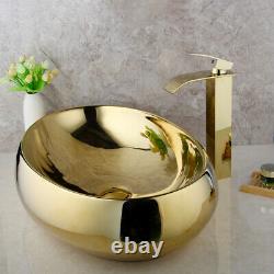 MT Gold Ceramic Oval Basin Bowl Lavatory Vessel Sink High Mixer Faucet Pop Drain