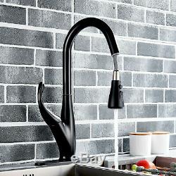 Matte Black Swivel Kitchen Faucet Pull Out Sprayer Sink Mixer Tap WithDeck Plate