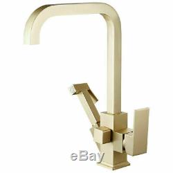 Modern Brushed Gold Brass Kitchen Sink Faucet Single Hole Swivel Spout Mixer Tap