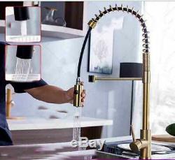 New Brushed Gold Kitchen Sink Faucet Single Hole Sink Black Spring Mixer Tap