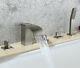 Nickel Brushed Waterfall Bathtub Faucet 5pcs Widespread Tub Sink Mixer Tap Brass