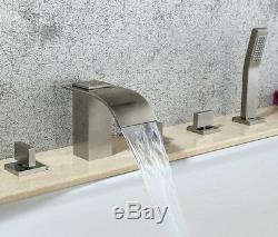 Nickel Brushed Waterfall Bathtub Faucet 5pcs Widespread Tub Sink Mixer Tap Brass