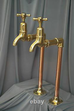 Old Brass & Copper Tall Bib Taps Ideal Belfast Kitchen Sink Reclaimed Refurbed
