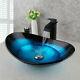 Oval Blue Black Glass Bathroom Basin Vessel Sink Mixer Vanity Faucet Tap Combo