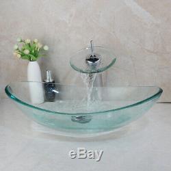 Oval Tempered Clear Glass Bathroom Basin Vessel Sinks Waterfall Mixer Faucet Set