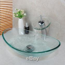 Oval Tempered Clear Glass Bathroom Basin Vessel Sinks Waterfall Mixer Faucet Set