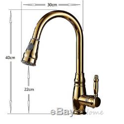 Polished Gold Kitchen Pull Out Spray Sink Faucet One Handle Swivel Mixer Tap