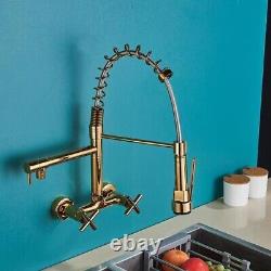 Polished Gold Kitchen Sink Faucet Wall Mount Rotate Double Handle Mixer Wash Tap
