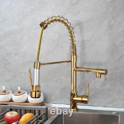 Pull Down Gold Kitchen Sink Mixer Faucet Swivel Tap Single Hole Deck Mounted