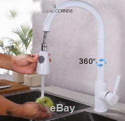 Pull Out Bath Brass Kitchen Sink Faucet Deck Mount One Hole Mixer Tap, White