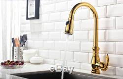 Pull Out Gold Polished Brass Kitchen Sink Faucet Mixer Tap WithTwo Functions Spray