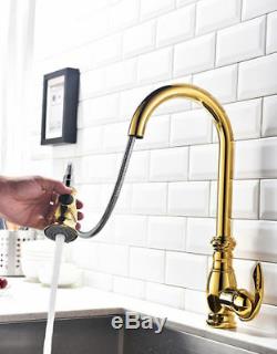 Pull Out Gold Polished Brass Kitchen Sink Faucet Mixer Tap WithTwo Functions Spray