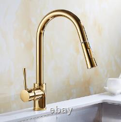 Pull Out and Down Kitchen Brass Basin Sink Faucet Deck Mount Mixer Tap, Gold