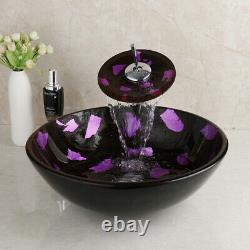 Purple Round Tempered Glass Art Basin Bowl Vessel Sink Mixer Waterfall Faucet