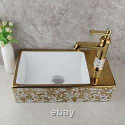 Rectangle Bathroom Ceramic Basin Vessel Sink Combo Gold Mixer Faucet Waste Drain