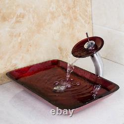 Rectangular Red Bathroom Toilet Tempered Glass Container Basin Sink Mixer Faucet