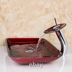 Rectangular Red Bathroom Toilet Tempered Glass Container Basin Sink Mixer Faucet