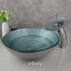 Round Glass Wash Basin Bowl Bathroom Sink Combo Mixer Waterfall Faucet Drain Set