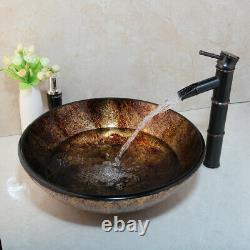 Round Tempered Glass Basin Bowl Bathroom Sink Combo Mixer Black Faucet Drain Set
