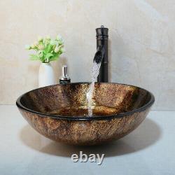 Round Tempered Glass Basin Bowl Bathroom Sink Combo Mixer Black Faucet Drain Set