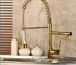 Solid Brass Kitchen Faucets Golden Vessel Sinks Swivel Mixer Taps With Pull Down