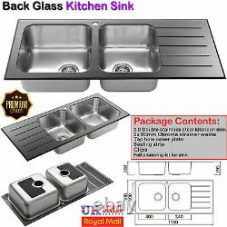 Stainless Steel 2.0 Double Bowl Kitchen Sink 8mm Black Glass Surround RH Drainer