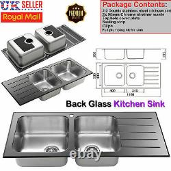 Stainless Steel 2.0 Double Bowl Kitchen Sink 8mm Black Glass Surround RH Drainer