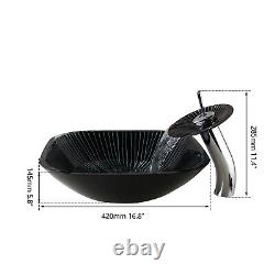 Tempered Glass Black Handcraft Bathroom Basin Vessel Sink With Mixer Faucet Set