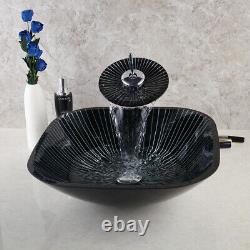 Tempered Glass Black Handcraft Bathroom Basin Vessel Sink With Mixer Faucet Set