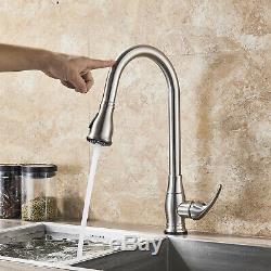 Touch Sensor Brushed Nickel Kitchen Sink Faucet Swivel Pull Out Spray Mixer Tap