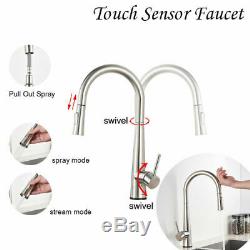 Touch Sensor Brushed Nickel Swivel Kitchen Sink Faucet Pull Out Spray Mixer Tap