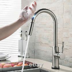 Touch Sensor Kitchen Sink Faucet Swivel Pull Out Sprayer Smart Mixer Taps Nickel