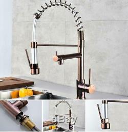 Two Spray Rose Gold Brass Kitchen Sink Faucet Dual Handles Double Hole Mixer Tap